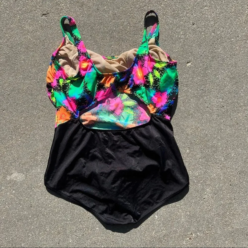 Vintage 90s Pacific Connections neon tropical hibiscus one piece swimsuit